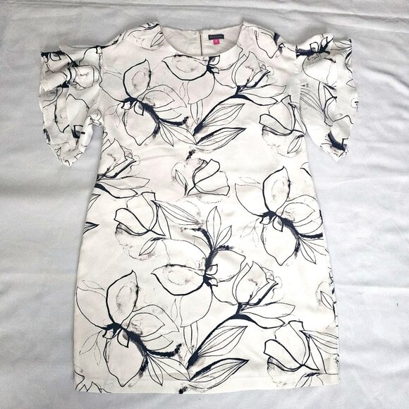 Vince Camuto White Black Floral Layered Ruffle Flutter Sleeve Mini Dress Size 16 - Picture 4 of 16